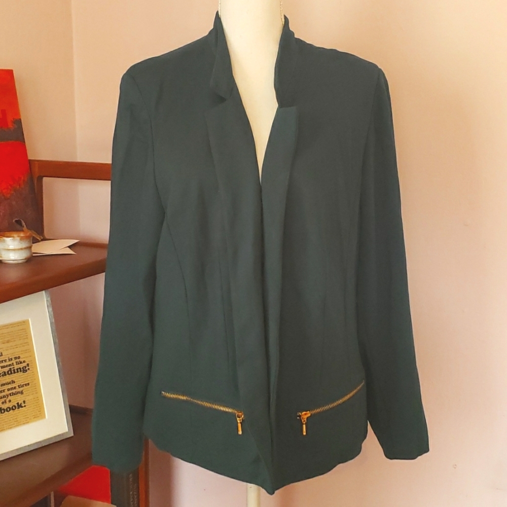 Chicos size 3 teal blazer with gold zip accents